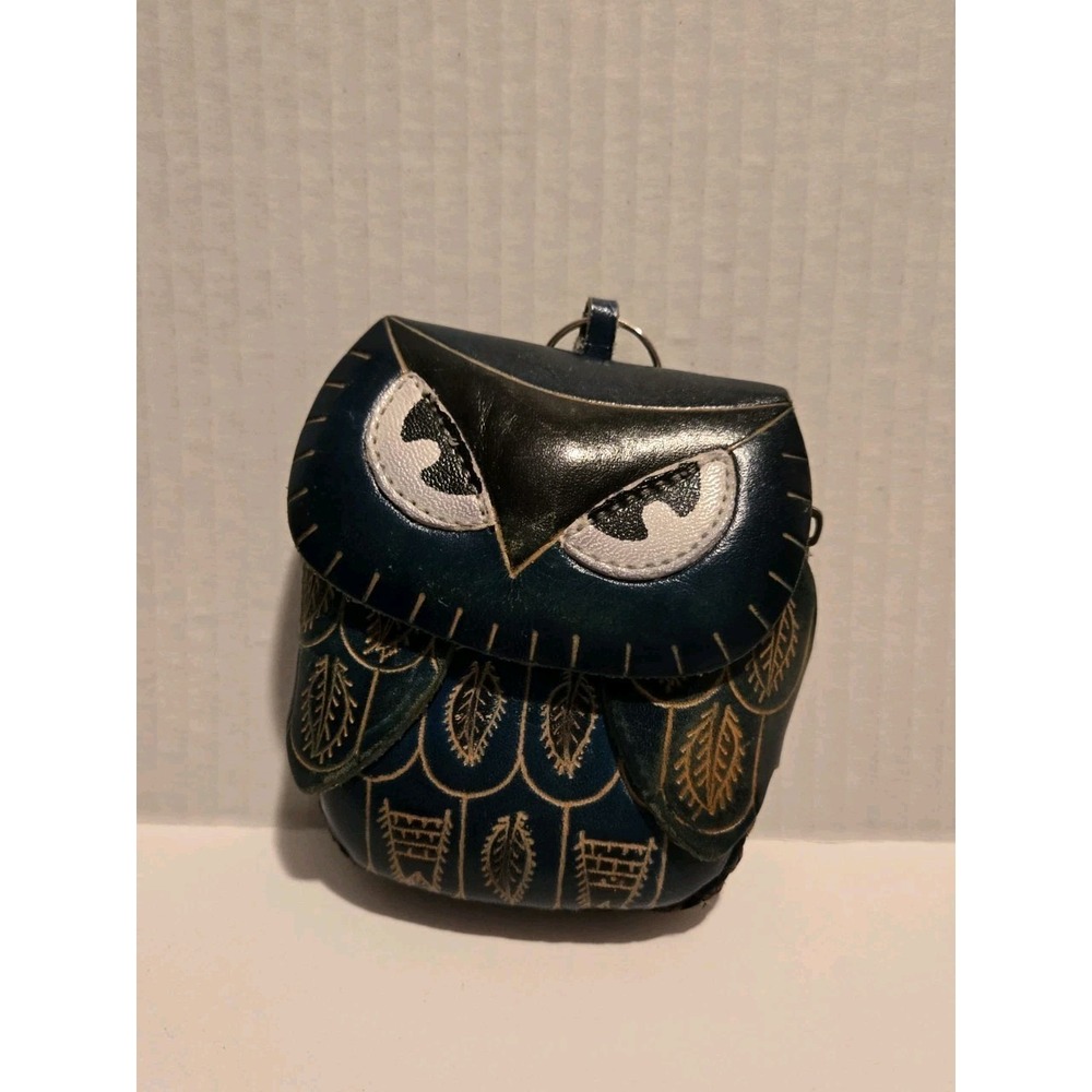 Hand Crafted Blue Embossed Peruvian Inspired Zip Owl Key Coin Purse Boho Vintage